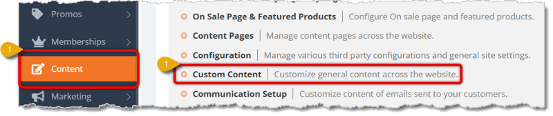 Image highlighting the Content selection in the main menu and the Custom Content link.