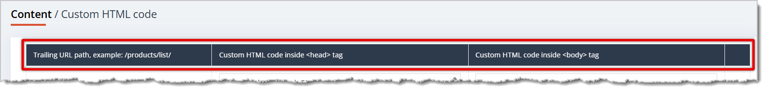 Image highlighting the 3 columns in the Custom HTML Code page.