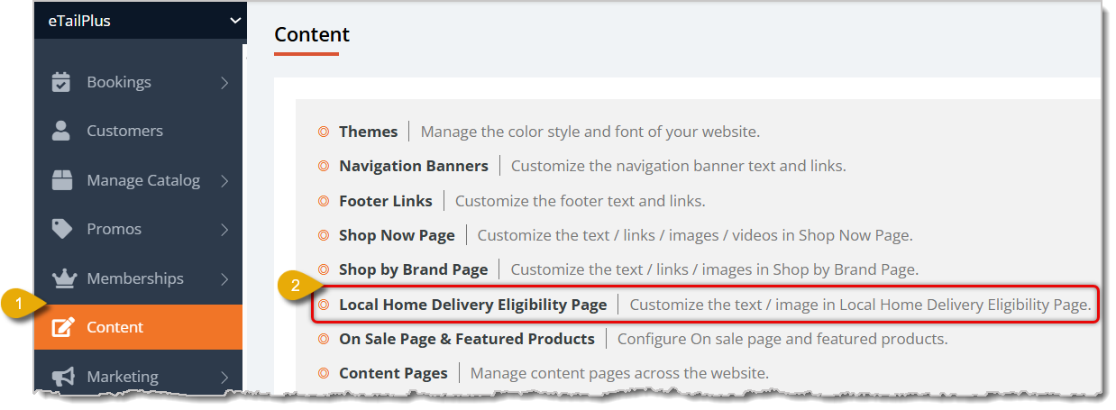 Image highlighting the Content selection in the main menu and the Local Home Delivery Eligibility Page customization selection.