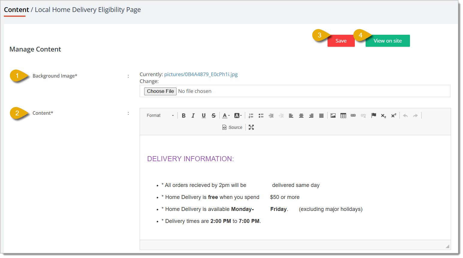 Image of the Local Home Delivery Eligibility Page customization screen.