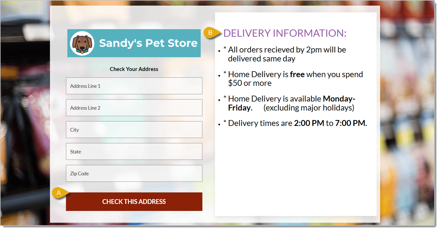 Image of an example Local Delivery Eligibility Page on a eTailPet store website.