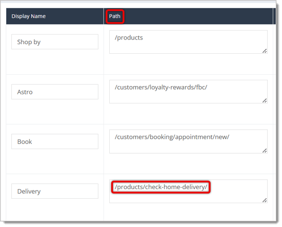 Image highlighting the Path column and the URL path for the Local Delivery Eligibility Page.