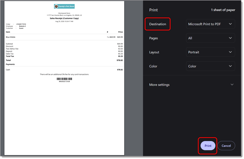 Image highlighting the Destination field and the Print button in a printing prompt.