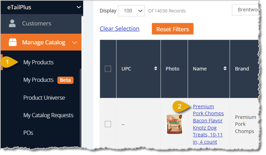 Image highlighting the My Products selection in the main menu and a Product Name.