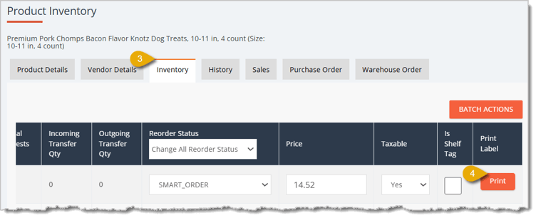 Image highlighting the Inventory tab and the Print button under the Print Label column in an item's details.