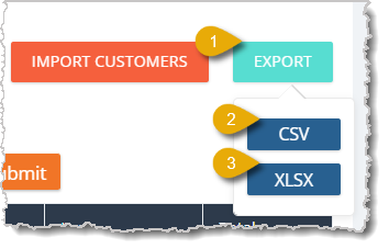 Image highlighting the Export button, the CSV file selection, and the XLSX file selection.