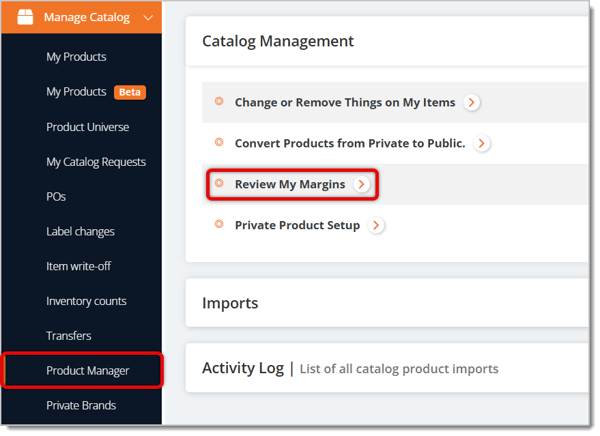 Image highlighting the Product Manager selection and the Review My Margins selection.