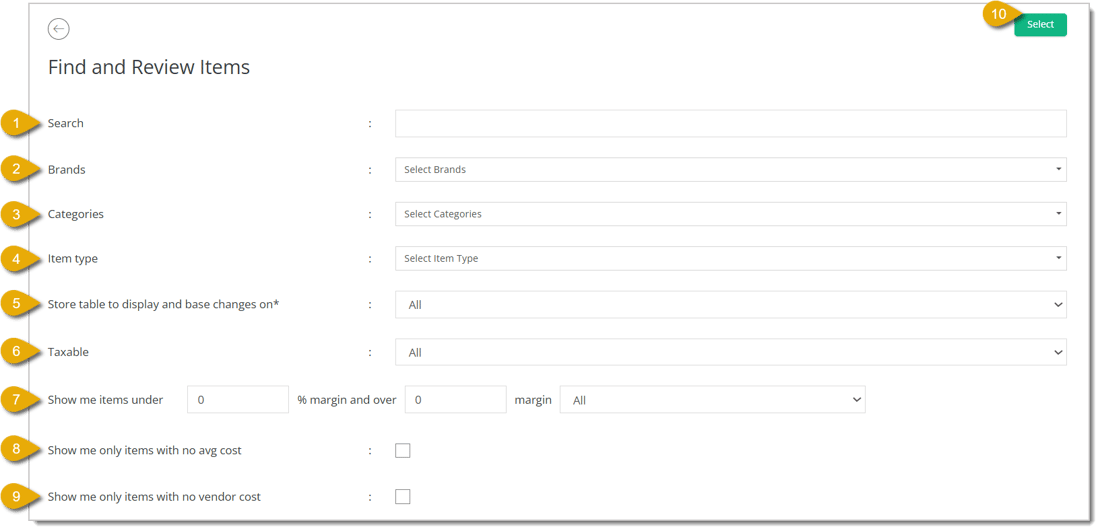 Image of the Find and Review Items menu, with numbers 1 to 10 highlighting fields and functions of the page.