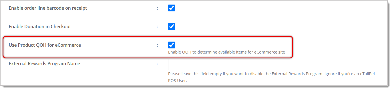 Image highlighting the Use Product QOH for eCommerce field in the Configuration menu.