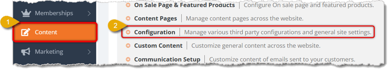 Image highlighting the Content selection in the main menu and the Configuration option in the Content menu.