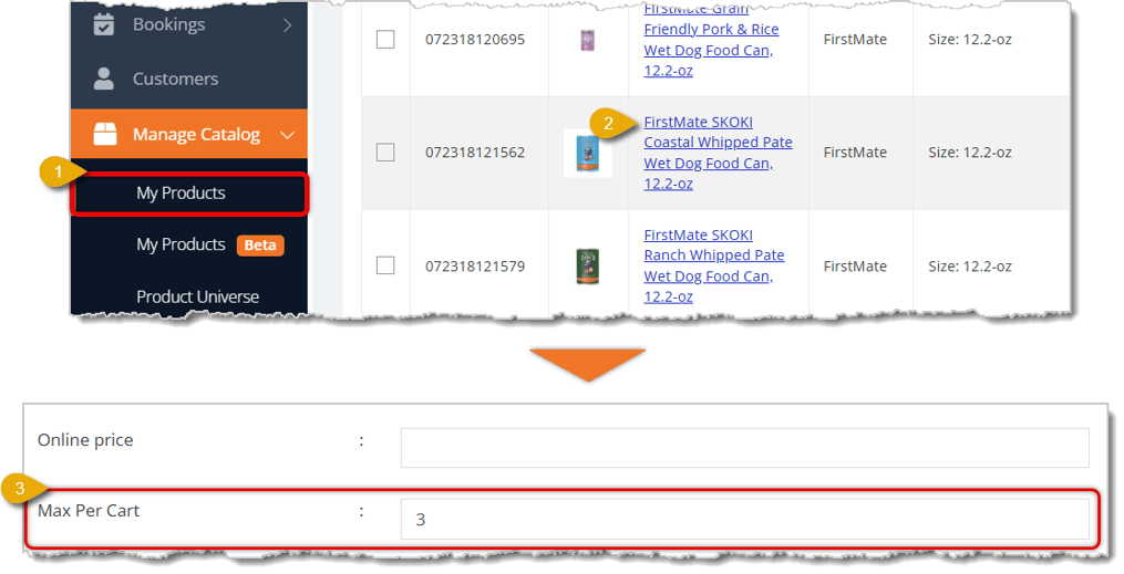 Image highlighting the steps to enter a product's Max Per Cart.