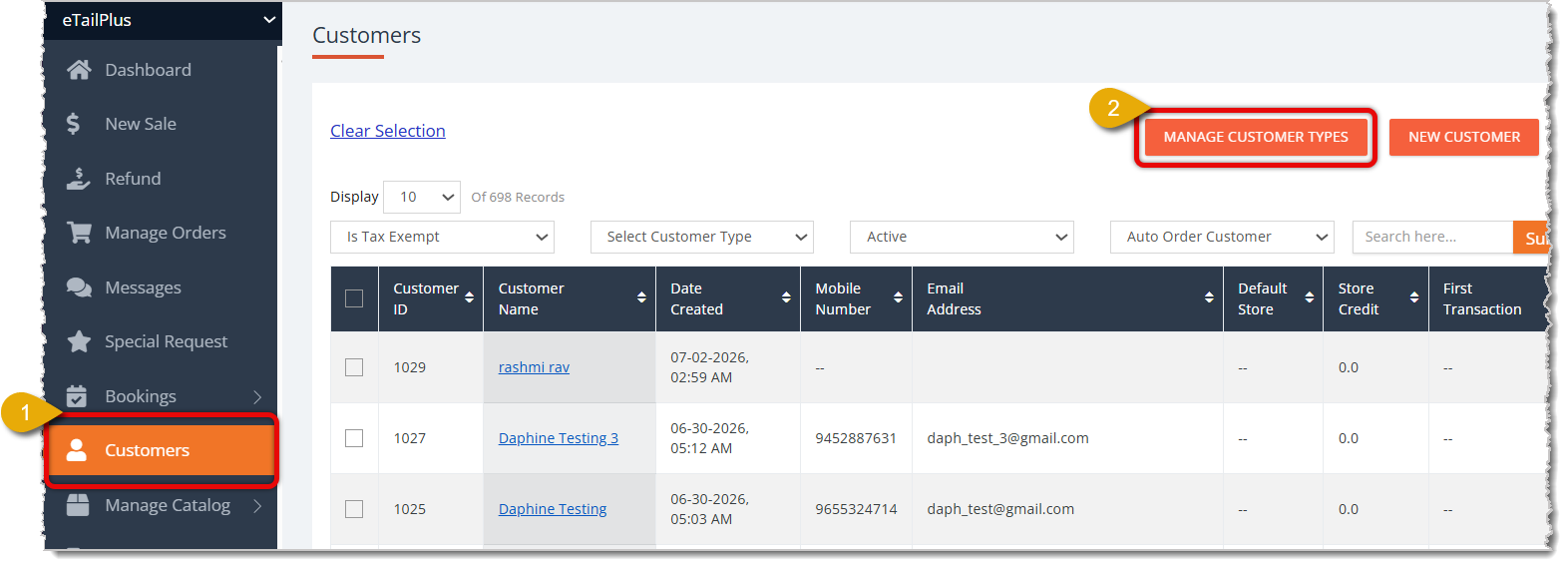 Image highlighting the Customers selection in the eTailPet main menu and the Manage Customer Types button.