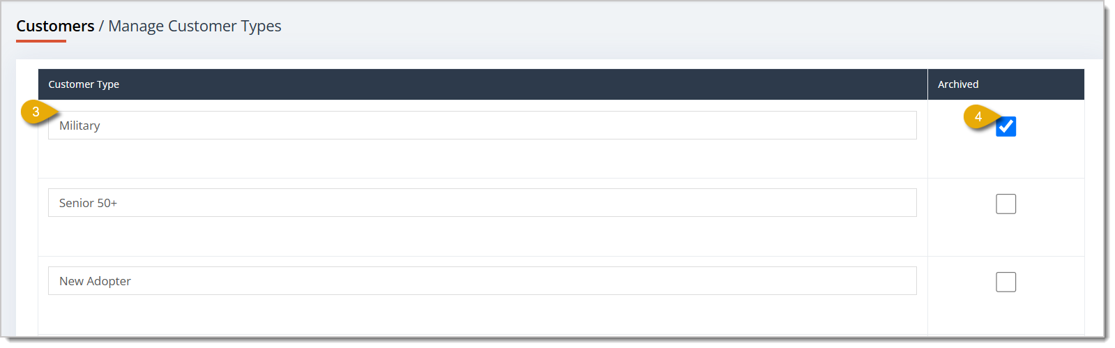 Image highlighting the Customer Type name field and the Archived checkbox.