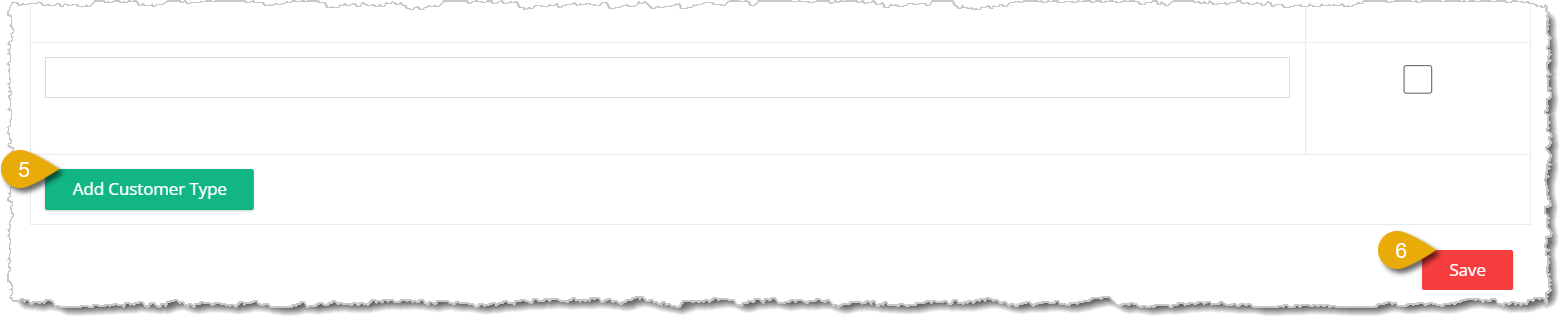 Image highlighting the Add Customer Type button and the Save button.
