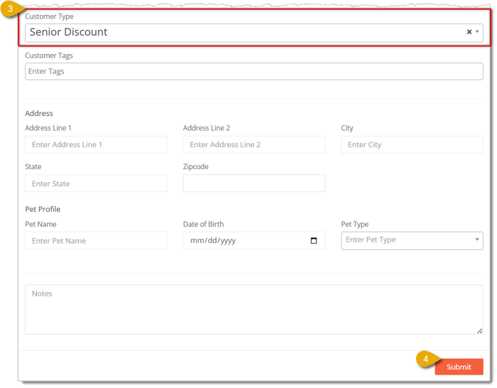 Image highlighting the Customer Type field and the Submit button in the New Customer form.
