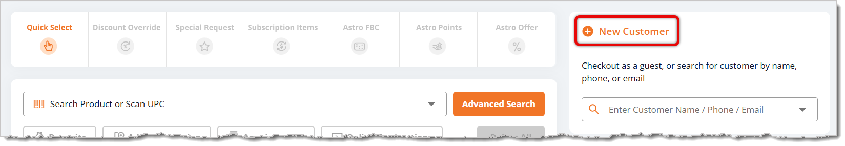 Image highlighting the New Customer button from the New Sale screen.