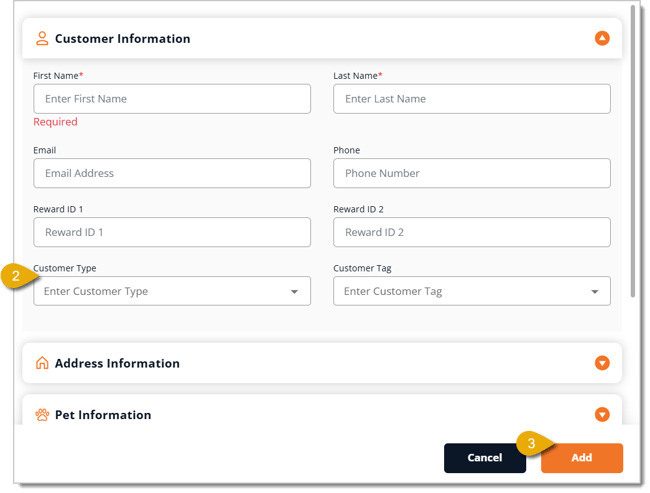 Image highlighting the Customer Type field in the New Customer form from the New Sale screen and the Add button.