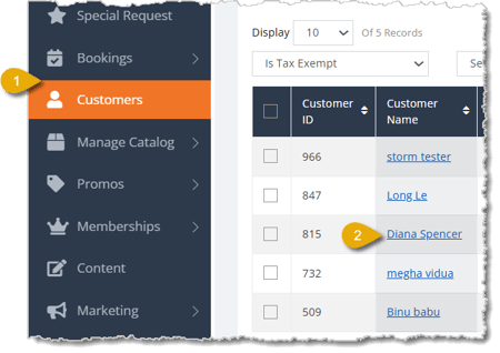 Image highlighting the Customers selection in the eTailPet main menu and a clickable Customer Name.
