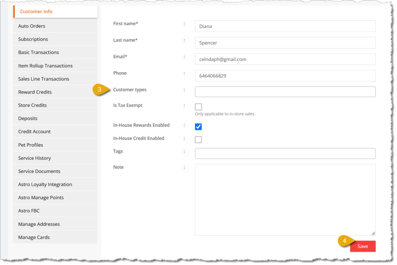 Image highlighting the Customer Types field in an existing Customer Info page and the Save button.