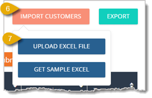 Image of the Import Customers button and the Upload Excel File button in the Customers area.