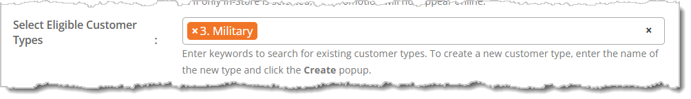 Image of the Select Eligible Customer Types field in the Create Promo Code / Price Slash form.