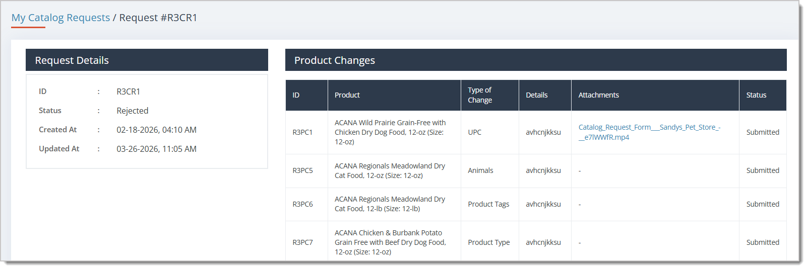 Image of a request's full details in My Catalog Requests.