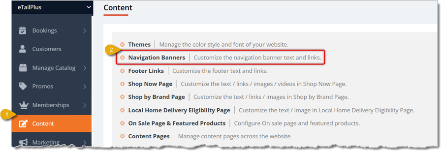 Image highlighting the Content selection in the main menu and the Navigation Banners selection in the Content area.