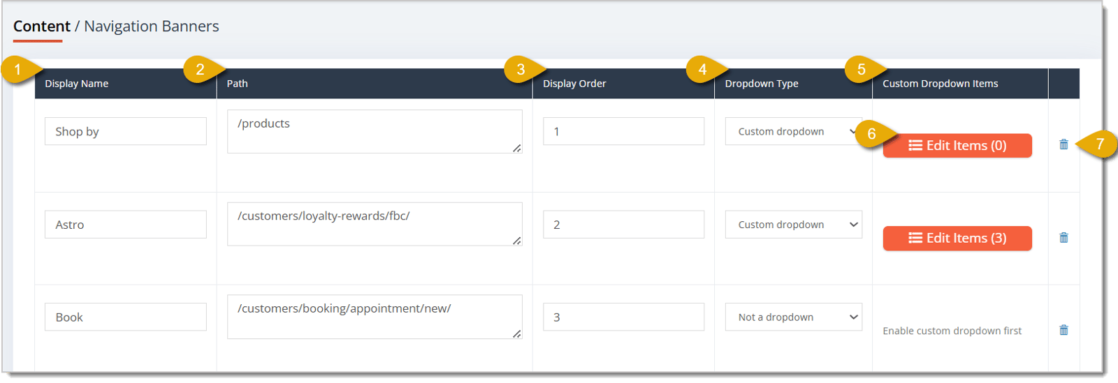 Image of the Navigation Banners customization menu in the Content area for a eTailPet website.