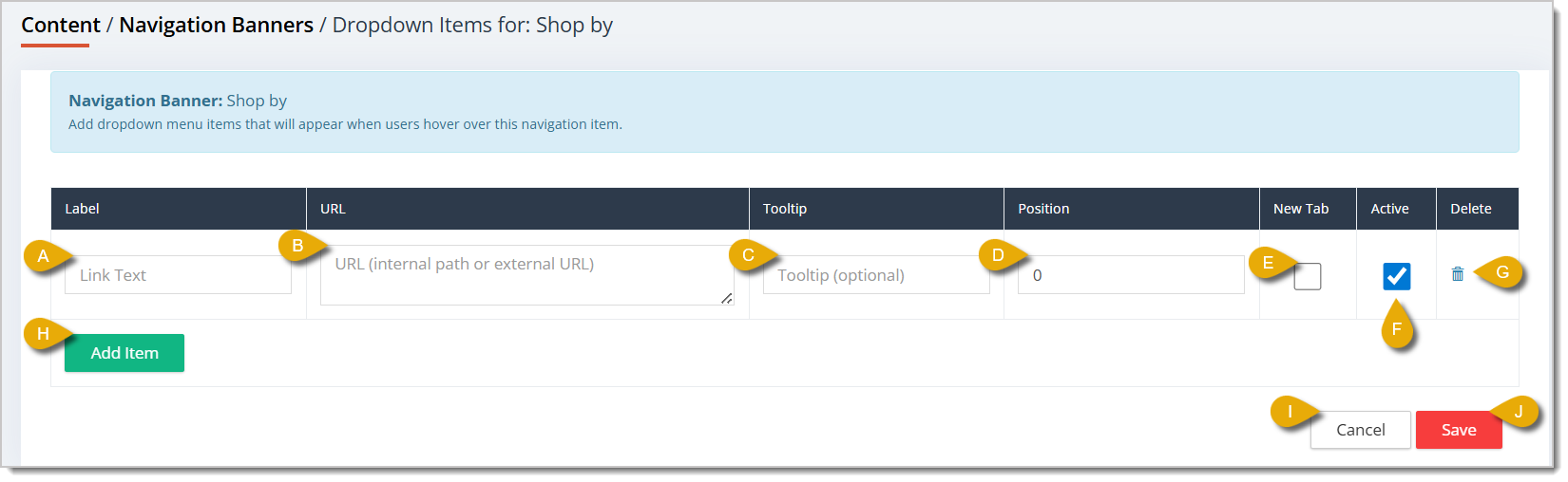 Image of the drop-list item customization in the Navigation Banners area for a eTailPet website.
