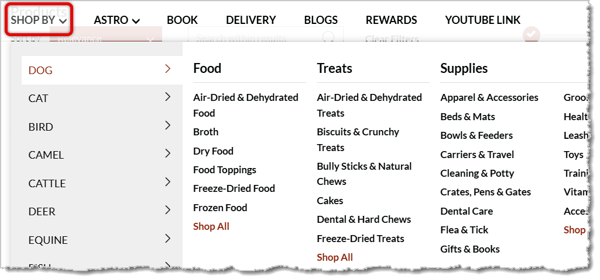 Image highlighting the Shop By navigation banner and the Category dropdown menu.
