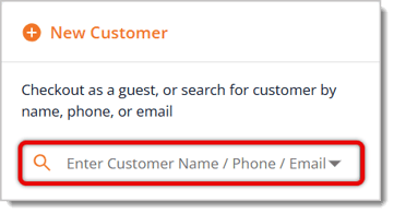 Image highlighting the Enter Customer Name / Phone / Email search bar in the eTailPet New Sale screen.