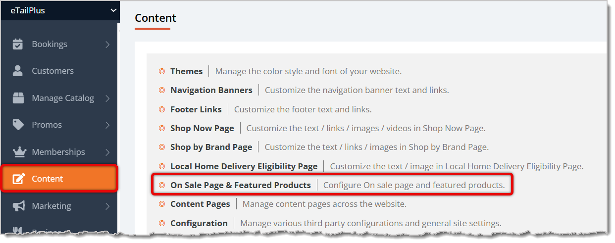 Image highlighting the Content selection in the main menu and the On Sale Page and Featured Products selection in the Content area.