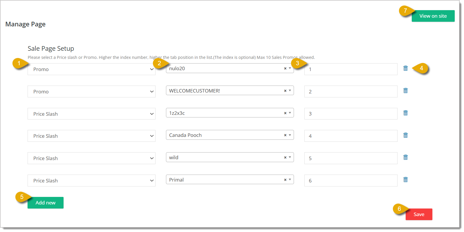 Image of the Manage Page for on sale items in a eTailPet ecommerce website.