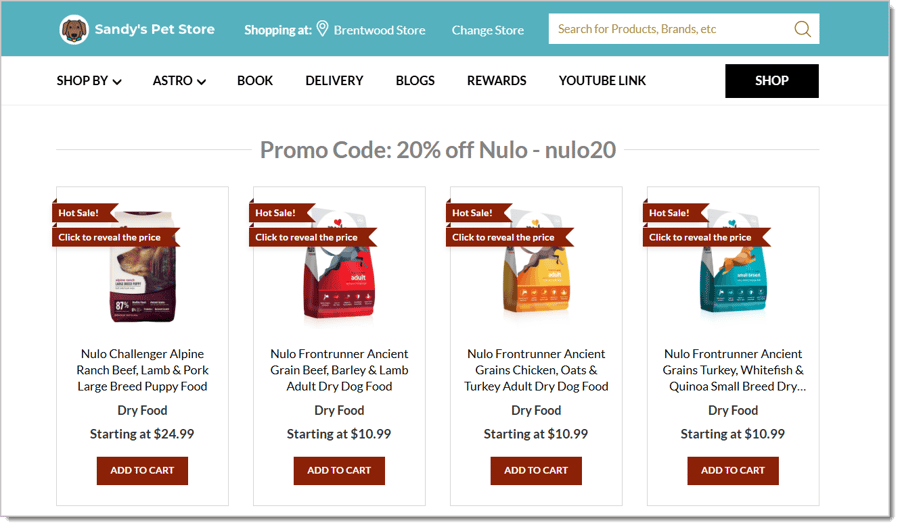 Image of an example On Sale page in a eTailPet ecommerce website.
