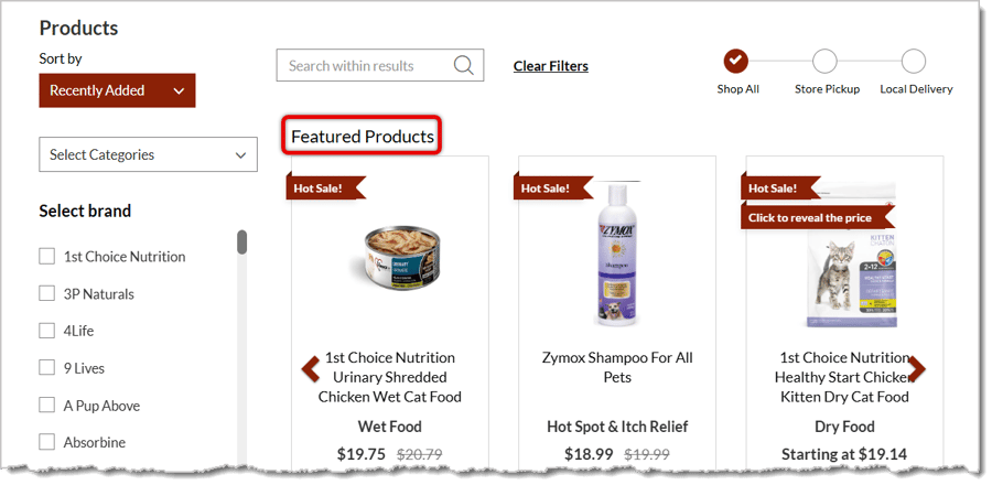 Image highlighting the Featured Products page in a eTailPet ecommerce website.