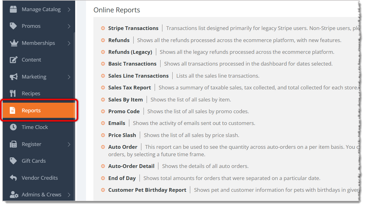 Image highlighting the Reports selection in the main menu and showing the available Online Report options.