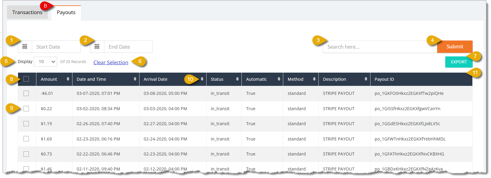 Image of the Payouts tab in the Stripe Transactions report.