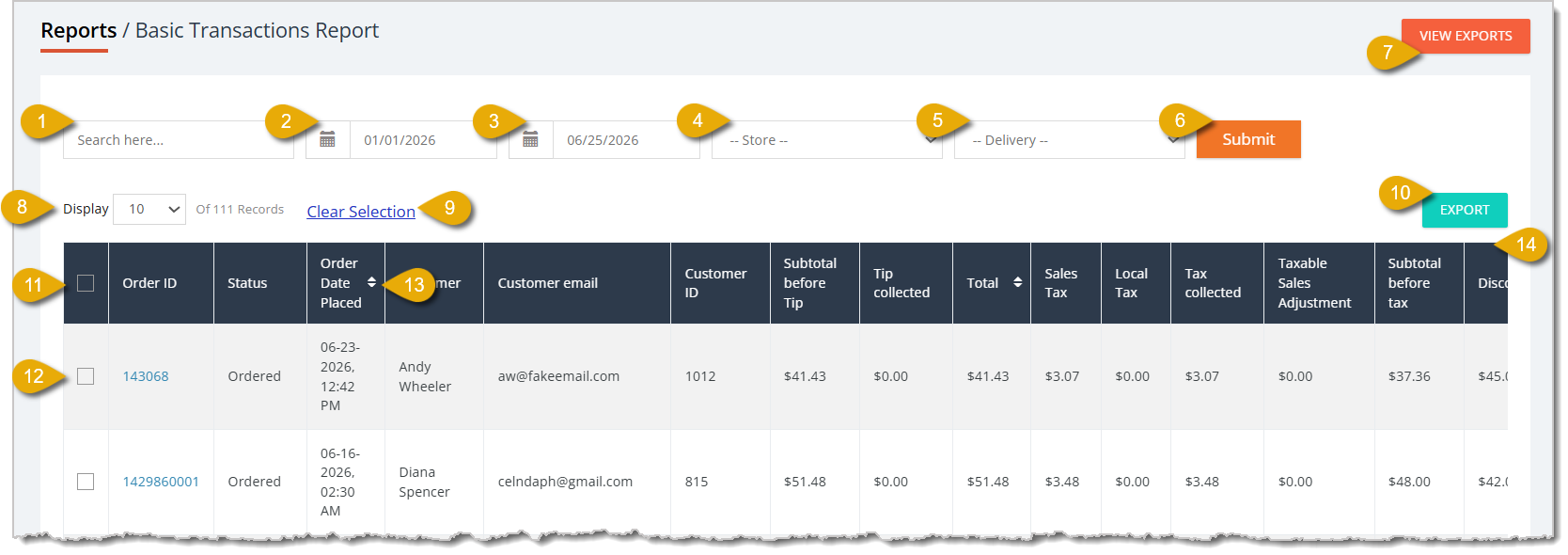 Image of a Basic Transactions Report from Online Reports.