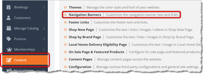 Image highlighting the Content selection in the main menu and the Navigation Banners option.