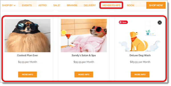 Example image highlighting the Memberships navigation banner and the multiple plans.