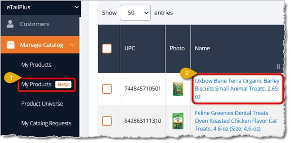 Image highlighting the My Products selection in the main menu and a product name link.