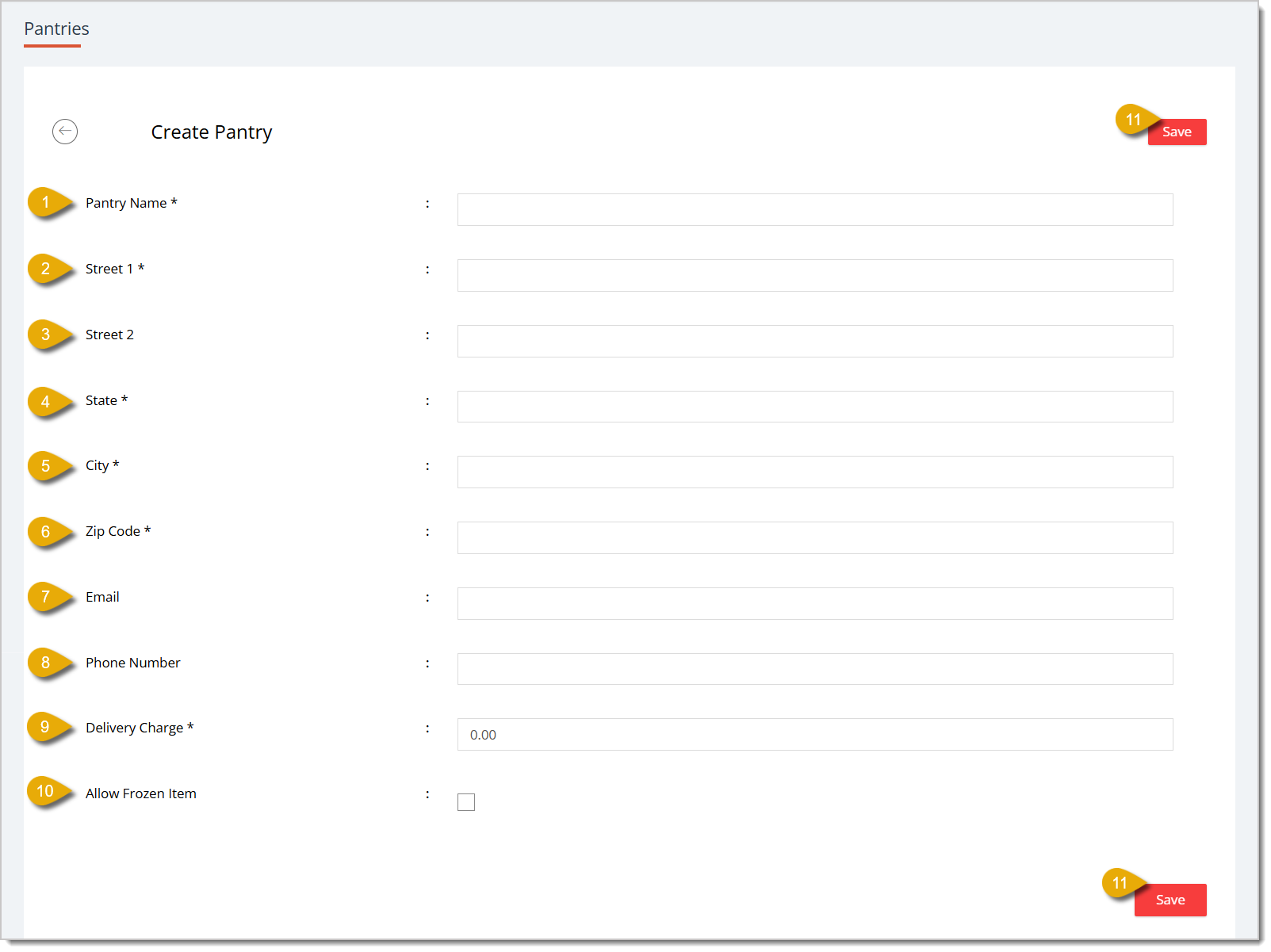 Image of the Create Pantry page with major fields and functions highlighted.