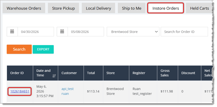 Image highlighting the In-Store Orders tab and the Order ID of an order.