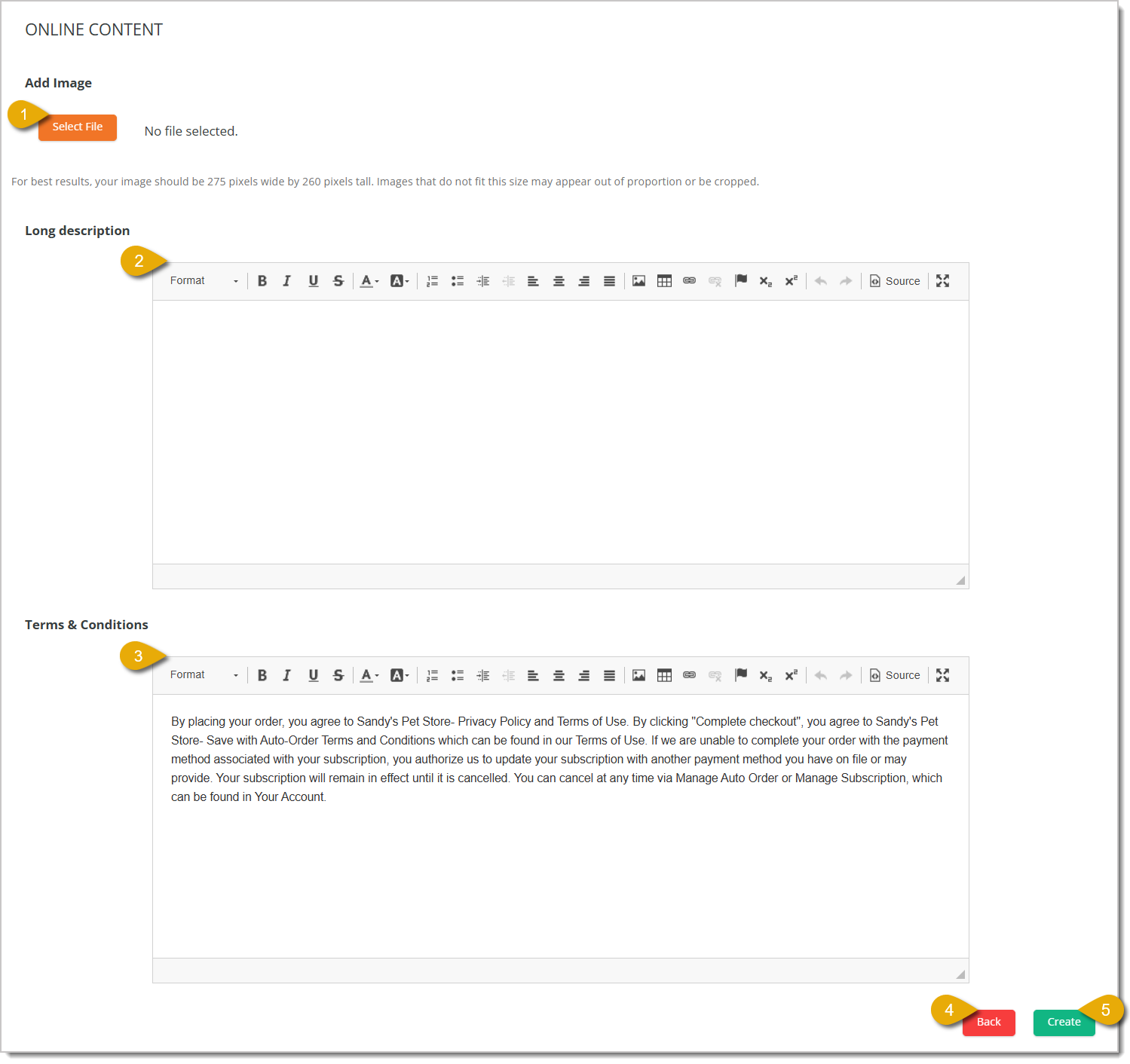 Image of the Online Content section of the Create Plan form.