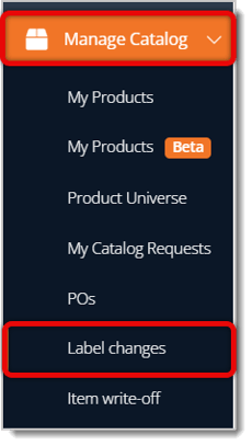 Image highlighting the Manage Catalog menu and Label Changes button in the eTailPet main menu.