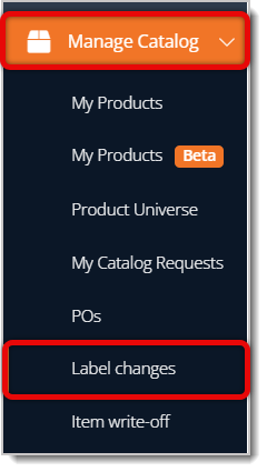 Image highlighting the Manage Catalog menu and Label Changes button in the eTailPet main menu.