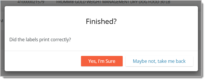 Image showing a window asking the user to confirm that the labels were printed correctly.