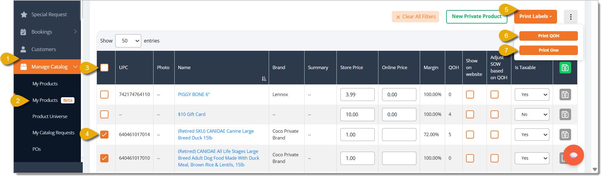 Image highlighting the steps to print product labels from the My Products area in eTailPet.