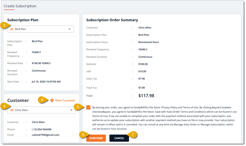 Image of the Create Subscription form in the New Sale screen.