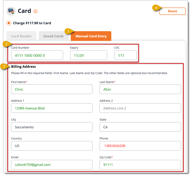 Image of the Payment screen in the Manual Card Entry tab.
